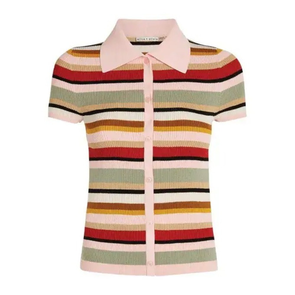 Alice + Olivia Colleen Striped Polo Shirt Pink Multi Knit Button Front Small